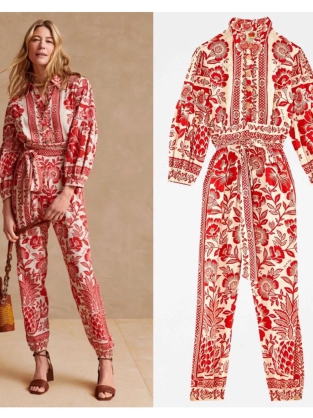 Farm Rio Red Pineapple Garden Floral Print Linen Blend Jumpsuit Size Small - Picture 2 of 7